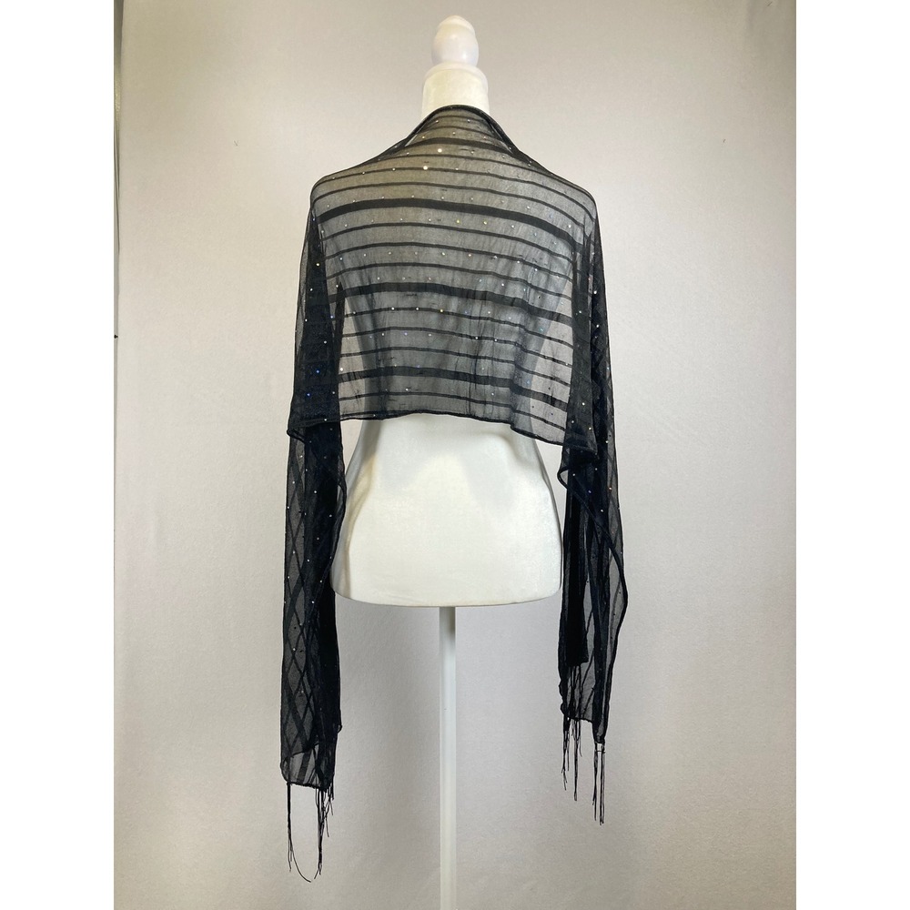 Evening Glam Celestial Womens Black Rhinestone Sheer Mesh Fringe Shawl Scarf